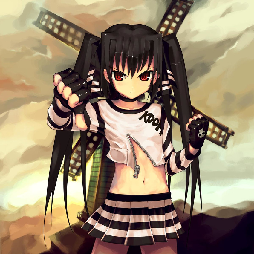 black_gloves black_hair choker fingerless_gloves flat_chest gloves highres kooh midiman midriff navel pangya punk red_eyes skirt skull solo striped striped_skirt thumbs_down twintails unzipped windmill zipper