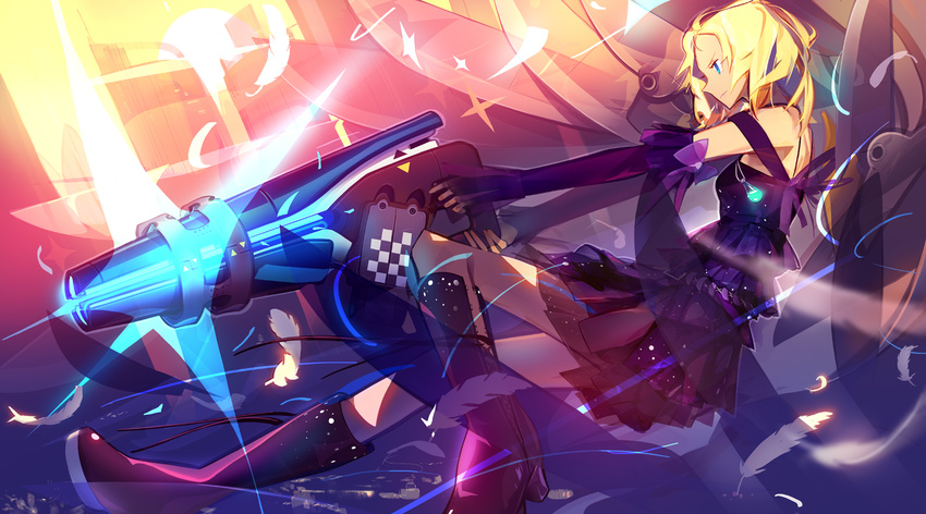 blonde_hair blue_eyes boots elbow_gloves feathers gloves gun highres panamaman s4_league skirt solo weapon