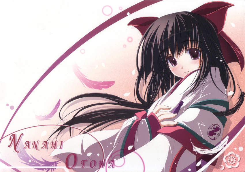 blush brown_hair japanese_clothes long_hair ribbons scan tenmu_shinryuusai