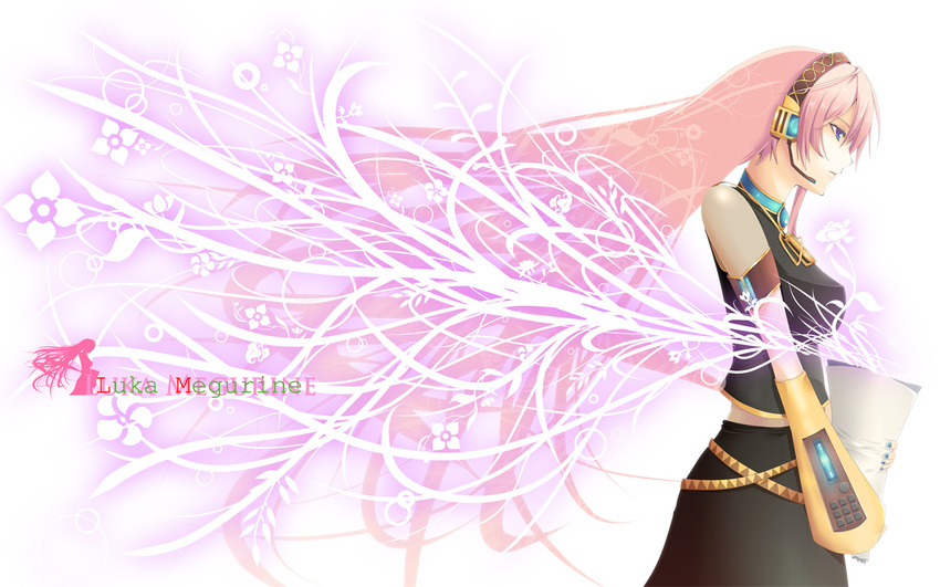 belt black_dress blue_nails breasts brooch character_name closed_mouth cowboy_shot detached_sleeves dress expressionless flower from_side gem glowing headset holding jewelry koumei_(harmonizer) long_hair long_sleeves medium_breasts megurine_luka nail_polish pink_hair profile sapphire_(stone) solo standing striped vertical_stripes very_long_hair vocaloid wallpaper