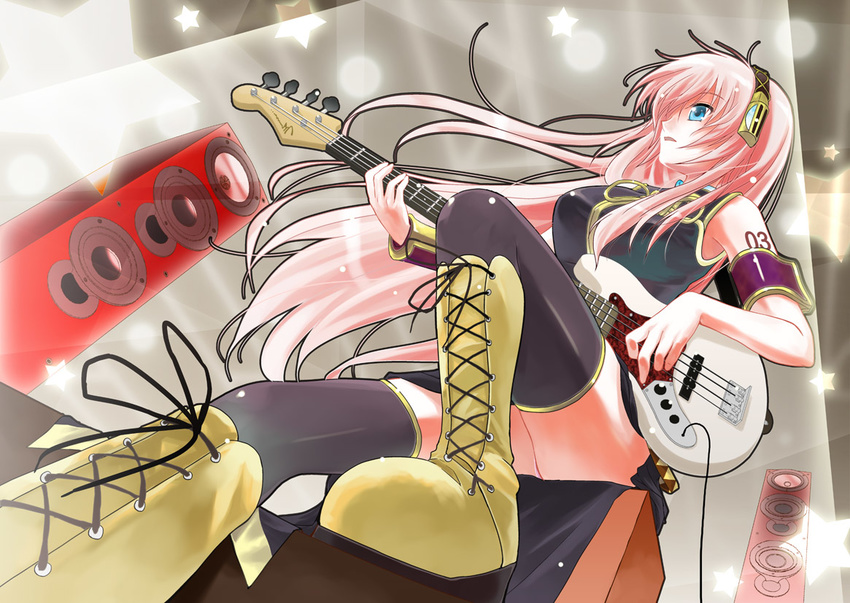 bass_guitar blue_eyes boots headphones instrument long_hair megurine_luka pink_hair porurin skirt solo speaker thighhighs very_long_hair vocaloid