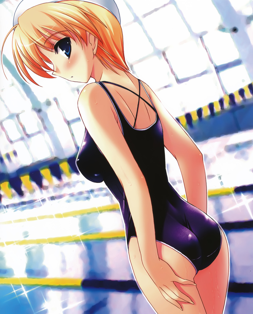 absurdres ass blonde_hair blue_eyes blush breasts copyright_request highres looking_back medium_breasts misakura_nankotsu one-piece_swimsuit short_hair solo swimsuit