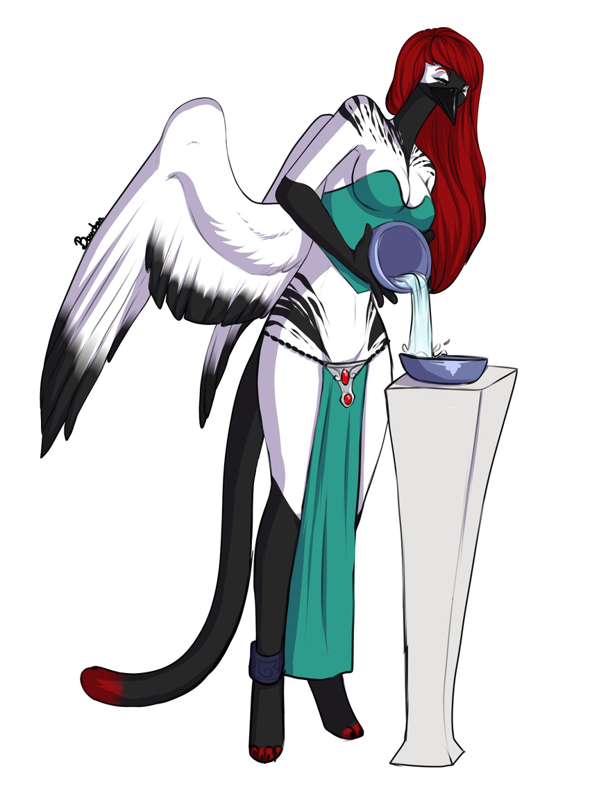 anthro avian beak bird black_beak bourbon._(artist) breasts clothed clothing crane feline female gryphon hair hybrid mammal red_hair simple_background smile standing tiger water white_background wide_hips