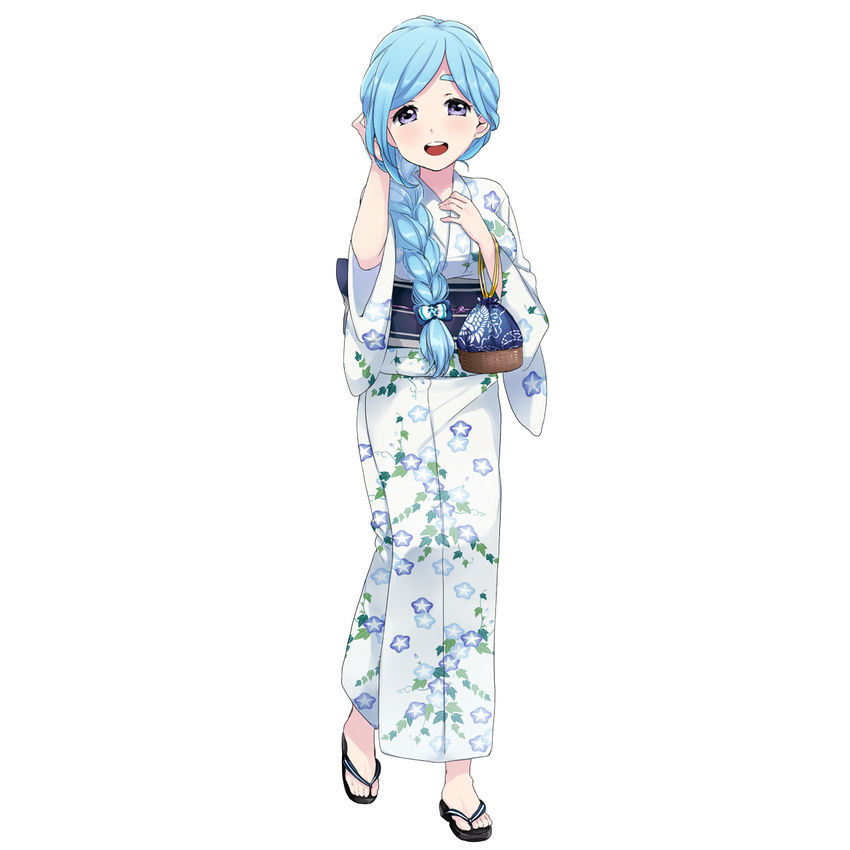 bangs blue_eyes braid character_request eyebrows floral_print full_body hair_over_shoulder highres japanese_clothes kimono kinchaku light_blue_hair long_hair long_sleeves looking_at_viewer no_socks obi official_art open_mouth pouch round_teeth sandals sash simple_background single_braid solo standing swept_bangs teeth thick_eyebrows white_background youkai_hyakki-tan! zouri