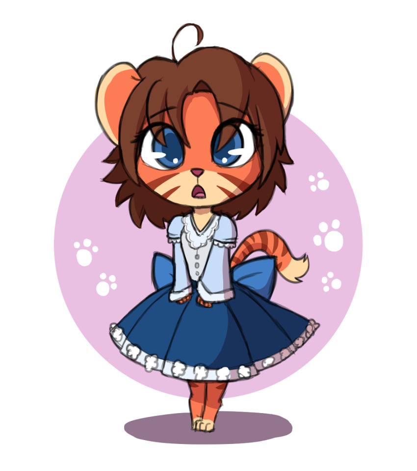 2018 aggie_(artist) anthro blue_eyes bow brown_hair chibi clothed clothing cub digital_media_(artwork) dress felid female footprint fur hair looking_at_viewer mammal open_mouth pantherine pawprint simple_background solo stripes synn tiger young