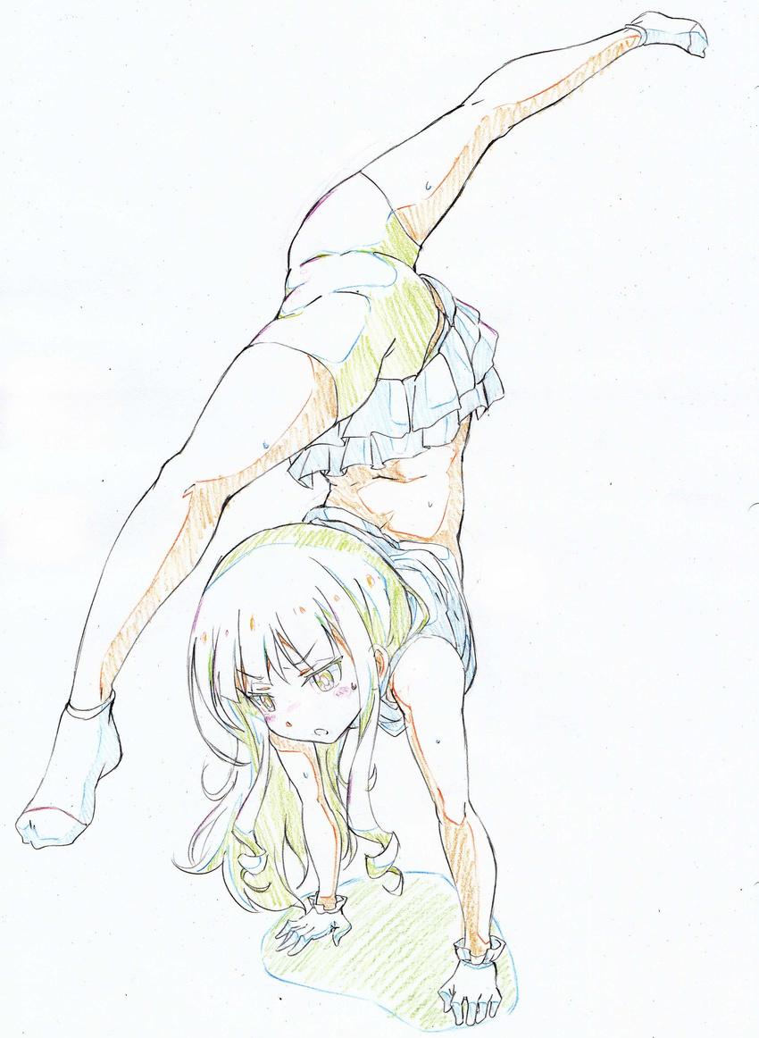 absurdres anitore!_ex bike_shorts color_trace colored_pencil_(medium) commentary_request flexible full_body handstand highres kitazinger long_hair skirt socks solo stretch tachibana_shion traditional_media