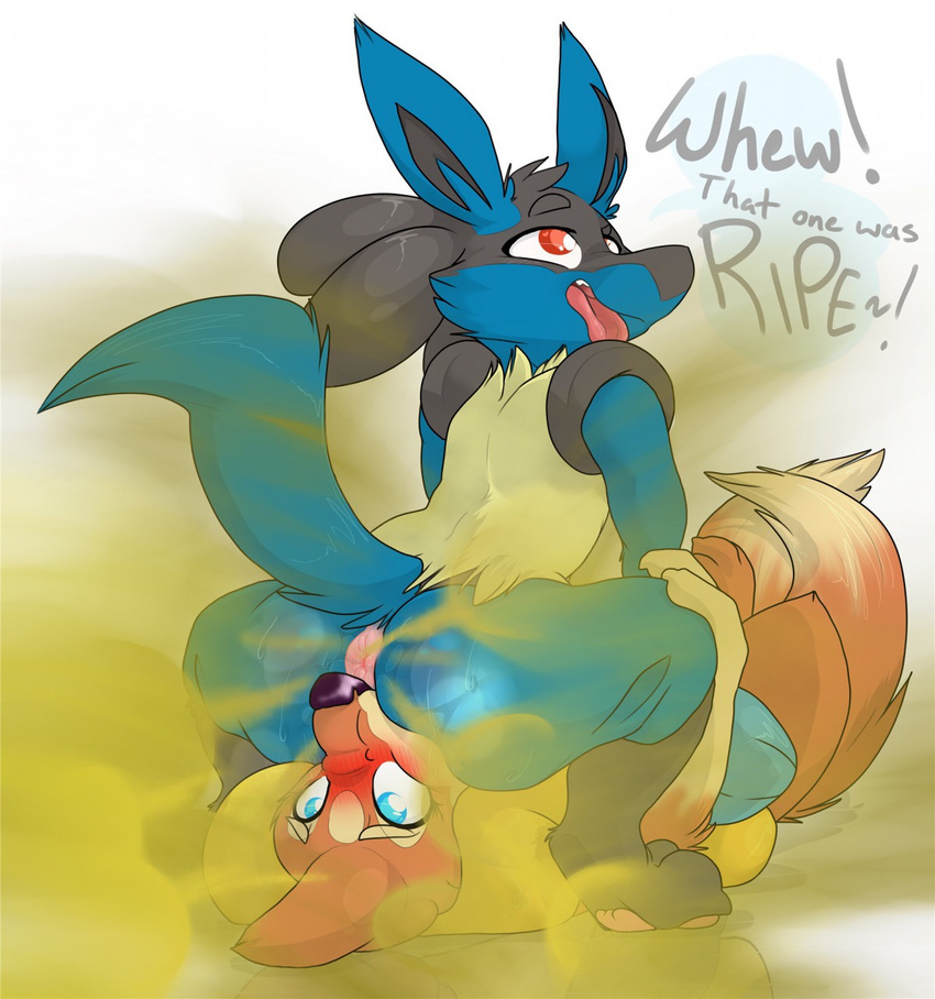 2016 ambiguous/ambiguous ambiguous_gender anthro anus backsash black_nose blue_eyes blush butt butt_sniffing canine dialogue digital_media_(artwork) duo english_text facesitting fart floatzel fur hair hindpaw looking_back lucario lying mammal mustelid nintendo on_back oral pawpads paws pok&eacute;mon puffy_anus red_eyes simple_background smelly smile sweat teeth text video_games white_background