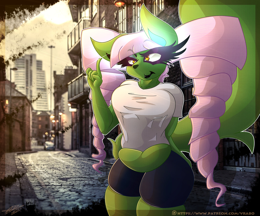 2016 absord_res amber_eyes anthro big_breasts big_ears black_lips black_lipstick blue_lips breasts canvas_texture cat city city_background cleavage clothed clothing dialogue drill_hair fake_boobs feline gym_clothes huge_eyelashes mammal serval slightly_chubby street vrabo