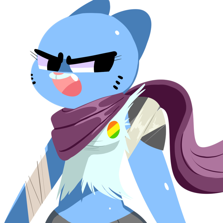 2016 bandage blue_fur cartoon_network cat clothed clothing digital_media_(artwork) feline female flutteringpie fur mammal navel nicole_watterson scarf shoulder_pads simple_background solo the_amazing_world_of_gumball torn_clothing whiskers
