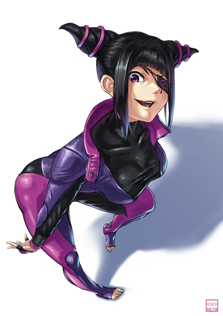 barefoot biker_clothes bikesuit black_hair bodysuit capcom crazy_eyes crazy_smile eyepatch fingerless_gloves gloves han_juri highres looking_at_viewer looking_up michitarou smile solo street_fighter street_fighter_v toeless_legwear