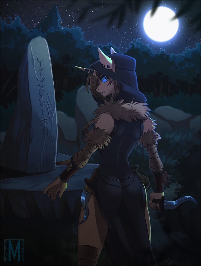 2016 5_fingers anthro clothed clothing dagger detailed_background equine female forest holding_object holding_weapon horn mammal margony melee_weapon night outside sky smile solo standing star starry_sky stone tree unicorn unknown_text weapon
