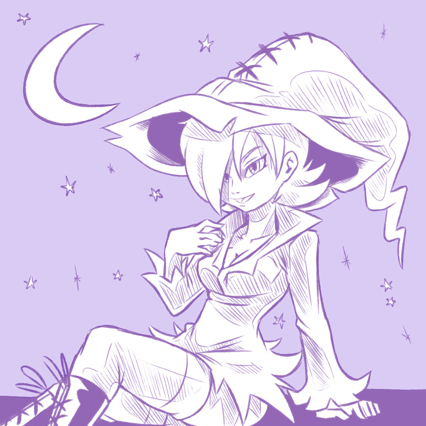 1girl boot breasts cleavage halloween moon solo thighhighs witch_hat zone-tan