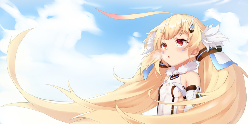 1girl ahoge azur_lane bangs bare_shoulders blonde_hair blush breasts chestnut_mouth cloud cloudy_sky commentary_request day eldridge_(azur_lane) eyebrows_visible_through_hair facial_mark floating_hair fur_collar gloves hair_ornament highres long_hair looking_away low_twintails one-piece_swimsuit open_mouth outdoors pnt_(ddnu4555) red_eyes sideboob sky small_breasts solo swimsuit twintails upper_body white_gloves white_swimsuit wind