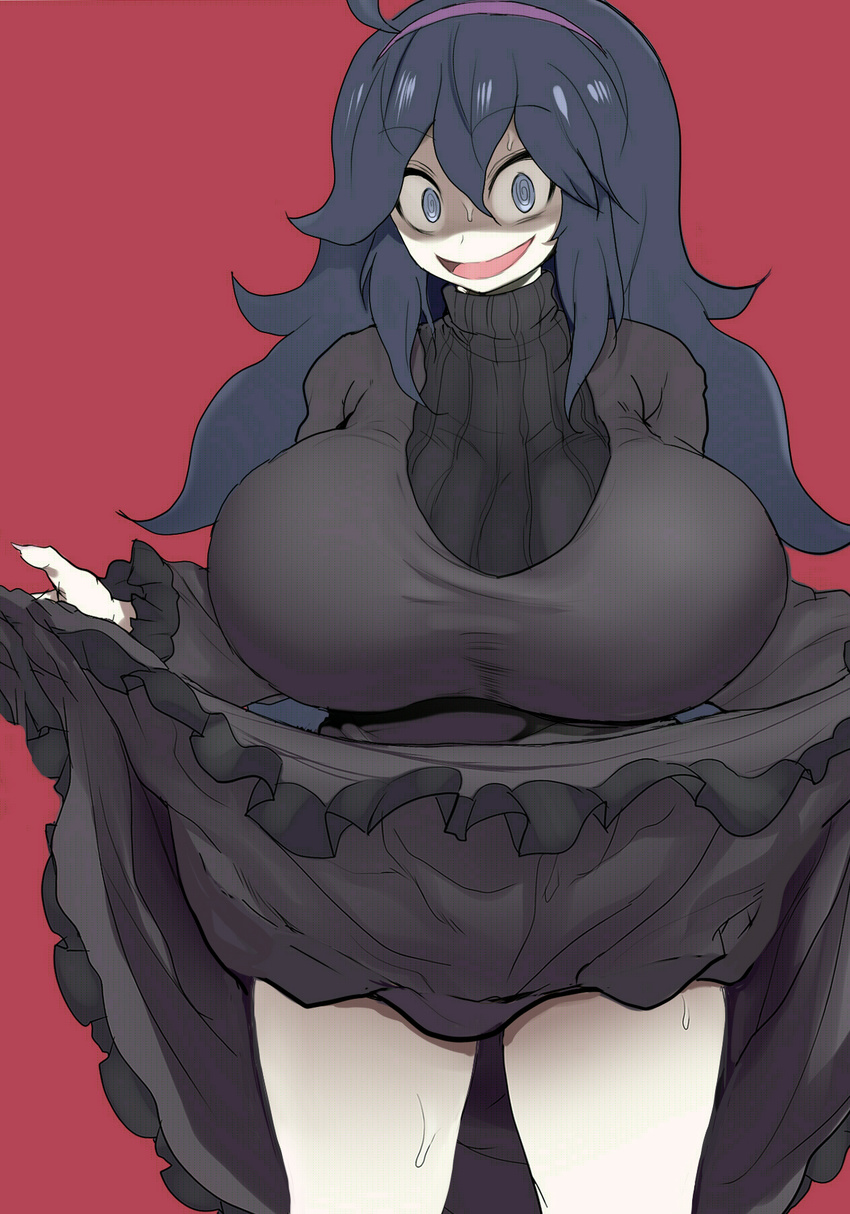 ahoge al_bhed_eyes alternate_breast_size black_hair blue_eyes breasts dress eyebrows eyebrows_visible_through_hair fingernails frilled_dress frills hairband hex_maniac_(pokemon) highres huge_breasts kedamono_kangoku-tou lifted_by_self long_hair messy_hair nervous_smile open_mouth pokemon pokemon_(game) purple_hairband red_background sharp_fingernails skirt skirt_lift solo sweat sweater thick_thighs thighs turtleneck turtleneck_sweater