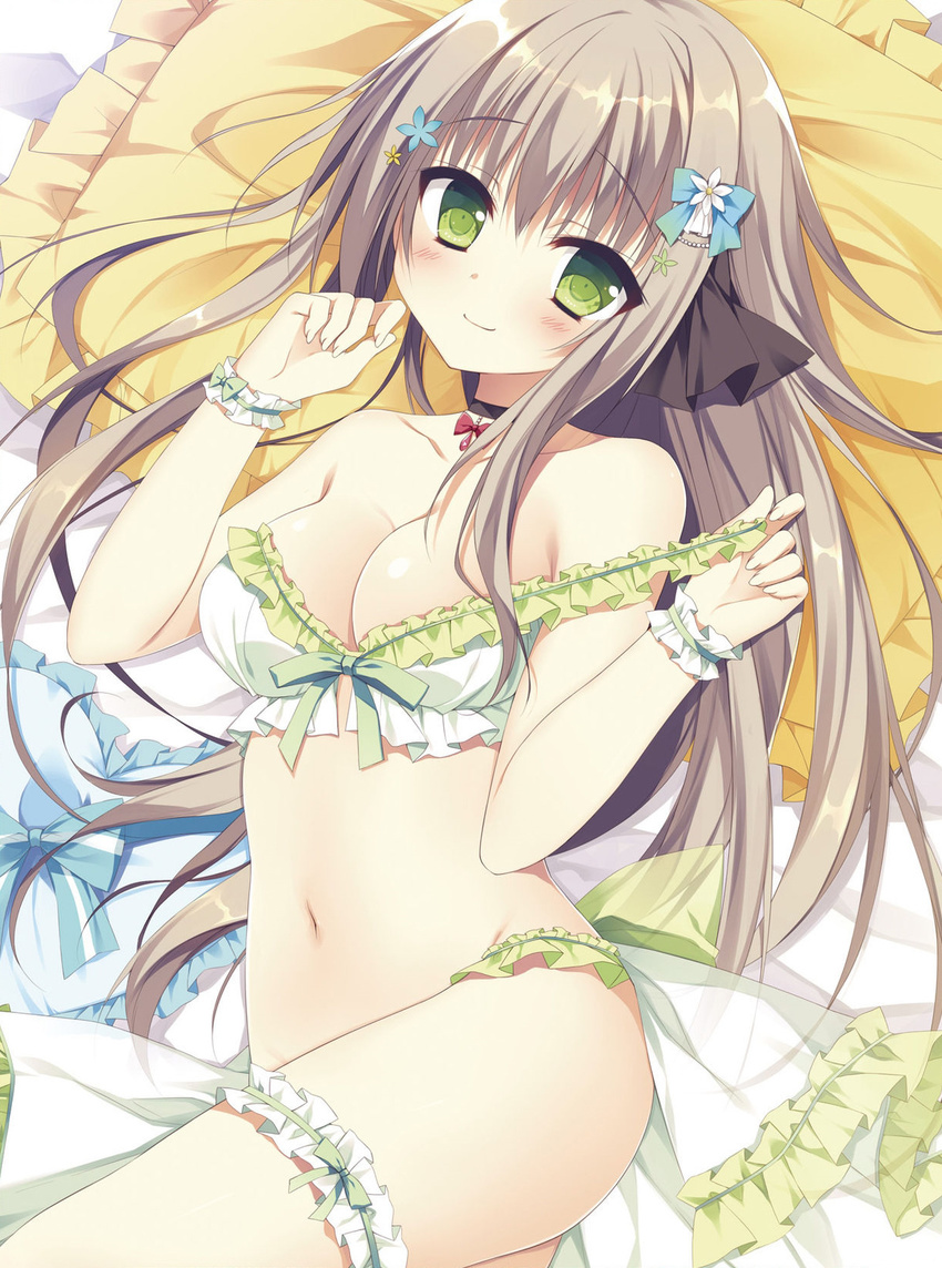babydoll bangs bare_shoulders blush bow bow_bra bra breasts brown_hair choker cleavage closed_mouth dengeki_moeou eyebrows eyebrows_visible_through_hair fingernails flower frilled_bra frilled_cuffs frilled_pillow frills front-tie_top garters green_eyes hair_flower hair_ornament hands_up highres long_fingernails long_hair looking_at_viewer lying matsumiya_kiseri medium_breasts navel on_back on_bed original panties pillow pulled_by_self sidelocks smile solo stomach strap_pull strap_slip underwear wrist_cuffs