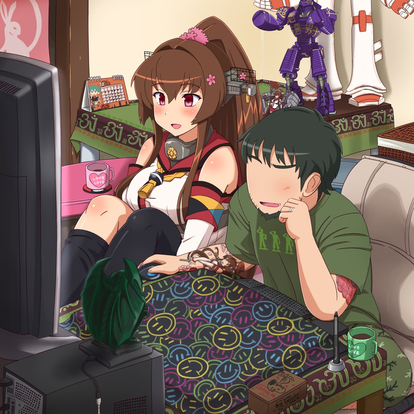1girl :d artist_self-insert banned_artist beard black_hair breasts brown_hair calendar_(object) cherry_blossoms commentary_request cthulhu cthulhu_mythos cup detached_sleeves facial_hair figure hair_between_eyes highres husband_and_wife jewelry kantai_collection large_breasts mug noisy_boy open_mouth peanuts purple_eyes real_steel ring shin'en-san shin'en_(gyokuro_company) single_thighhigh smile snoopy tattoo television thighhighs wedding_band yamato_(kantai_collection)