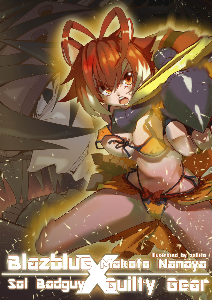 1girl absurdres adapted_costume animal_ears antenna_hair bikini blazblue breasts brown_hair cleavage clenched_hands covered_nipples dual_wielding fingerless_gloves front-tie_top gloves guilty_gear guilty_gear_x highleg highleg_bikini highres holding jie_laite large_breasts makoto_nanaya multicolored_hair open_mouth orange_eyes orange_skirt short_hair side-tie_bikini skirt sol_badguy squirrel_ears squirrel_tail string_bikini swimsuit tail tonfa two-tone_hair weapon