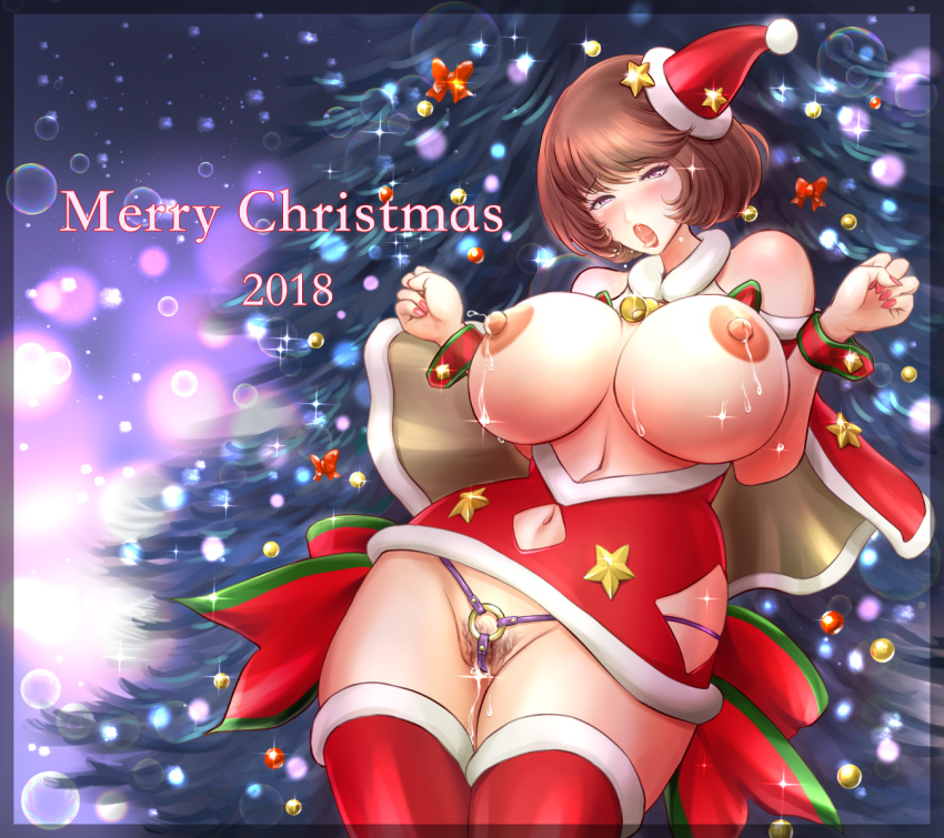 1girl 2018 areolae blush breasts breasts_outside brown_hair christmas hat highres huge_breasts lactation merry_christmas navel navel_cutout nipples open_mouth original pubic_hair purple_eyes pussy_juice revealing_clothes santa_hat short_hair solo sonota_taisei thighhighs tongue tongue_out wrist_cuffs