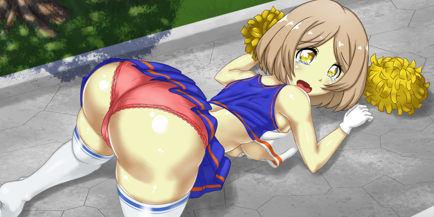 1girl all_fours ass bare_shoulders blush breasts cameltoe cheerleader embarrassed fang highres huge_ass large_breasts light_brown_hair miniskirt open_mouth original panties pink_panties pom_poms redshoot shiny shiny_clothes shiny_hair shiny_skin short_hair skirt solo tears thighhighs top-down_bottom-up underboob underwear yellow_eyes