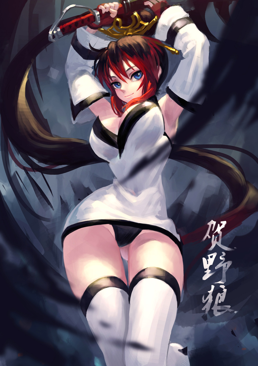 absurdres ass_visible_through_thighs blue_eyes breasts fkey highres katana large_breasts light_smile long_hair looking_at_viewer nanbu_kaguya red_hair solo super_robot_wars super_robot_wars_original_generation sword thighs translation_request very_long_hair weapon white_legwear