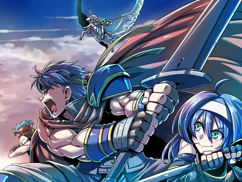 2girls armor blue_eyes blue_hair cape fighting_stance fingerless_gloves fire_emblem fire_emblem:_akatsuki_no_megami gloves green_hair hairband headband highres ike long_hair multiple_boys multiple_girls pegasus pegasus_knight polearm ragnell ranulf short_hair shouting sigrun smile spear sword tsuki_wani wayu_(fire_emblem) weapon white_hairband