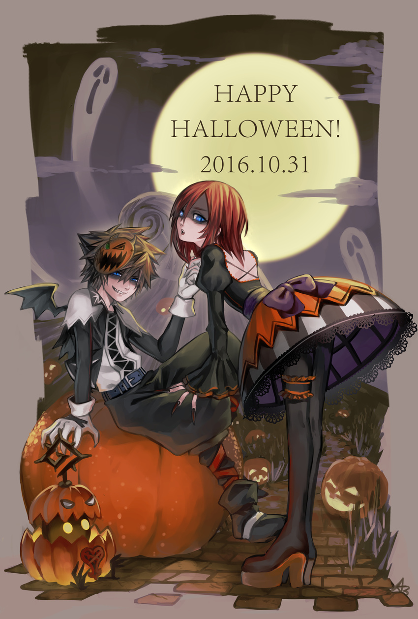 1girl 2016 absurdres afuro26 alternate_costume bent_over blue_eyes brown_hair dated evil_grin evil_smile eyeshadow fang gloves grin hair_ornament halloween halloween_costume hand_on_another's_chin happy_halloween heartless highres jack-o'-lantern kairi_(kingdom_hearts) kingdom_hearts kingdom_hearts_ii leaning_forward looking_at_viewer makeup mask mask_on_head moon night pantyhose pumpkin red_hair sitting smile sora_(kingdom_hearts) spiked_hair the_nightmare_before_christmas wings