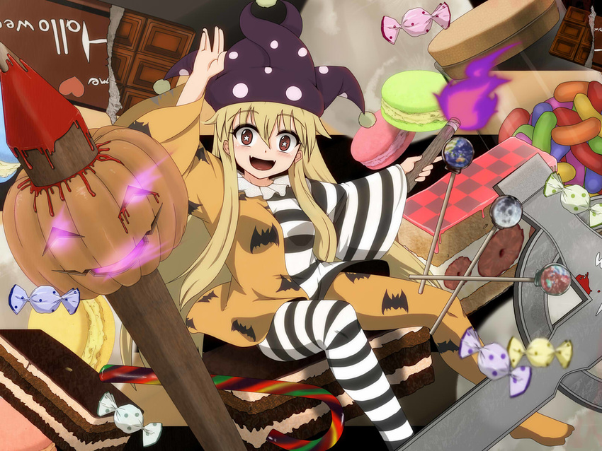 adapted_costume alternate_color animal_print bat_print blonde_hair blood blush candy candy_cane candy_wrapper checkered chocolate chocolate_bar clownpiece commentary_request cross emanon fangs fire food frilled_shirt_collar frills glowing glowing_eyes hair_between_eyes halloween hat highres holding jack-o'-lantern jester_cap lollipop long_hair long_sleeves looking_at_viewer macaron mismatched_legwear open_mouth pantyhose polka_dot polka_dot_hat polka_dot_object print_legwear red_eyes shirt sidelocks sitting smile solo star star-shaped_pupils striped striped_legwear symbol-shaped_pupils torch touhou wide_sleeves