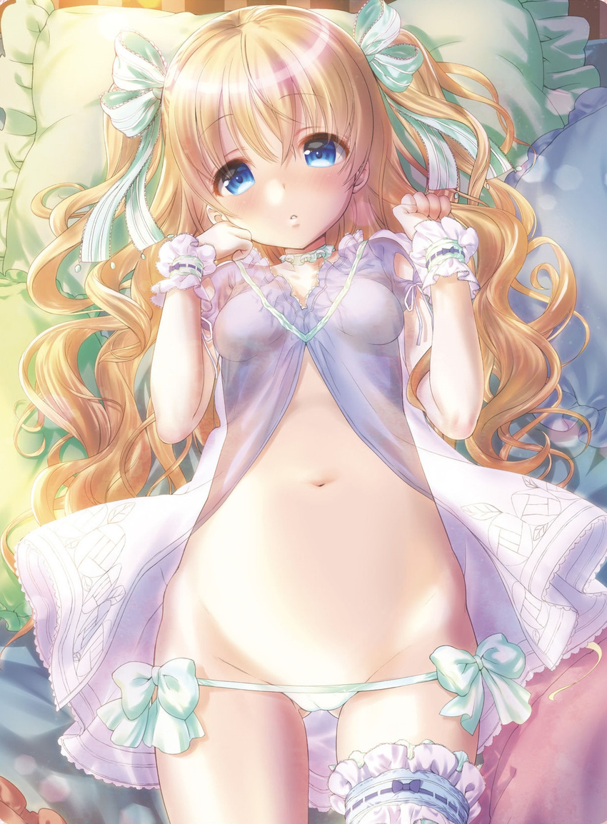 ass_visible_through_thighs babydoll bangs blonde_hair blue_eyes bow bow_panties breasts breasts_apart cameltoe choker clenched_hand collarbone cowboy_shot dengeki_moeou eyebrows eyebrows_visible_through_hair frilled_choker frilled_cuffs frilled_pillow frilled_ribbon frills garters green_panties groin hair_between_eyes hair_ribbon hands_up highres legs_apart looking_at_viewer lowleg lowleg_panties lying midriff nanase_meruchi navel on_back on_bed original panties parted_lips pillow ribbon side-tie_panties small_breasts solo stomach twintails underwear wrist_cuffs