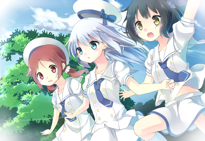 :d beret black_hair blue_eyes blue_neckwear blue_ribbon brown_hair chestnut_mouth chimame-tai collarbone day fang gochuumon_wa_usagi_desu_ka? hair_ribbon hat jouga_maya jumping kafuu_chino kafuu_chino's_school_uniform kneehighs long_hair makadamixa multiple_girls natsu_megumi necktie open_mouth outdoors pleated_skirt red_eyes ribbon school_uniform shirt short_hair short_twintails silver_hair skirt smile twintails white_legwear white_shirt white_skirt yellow_eyes