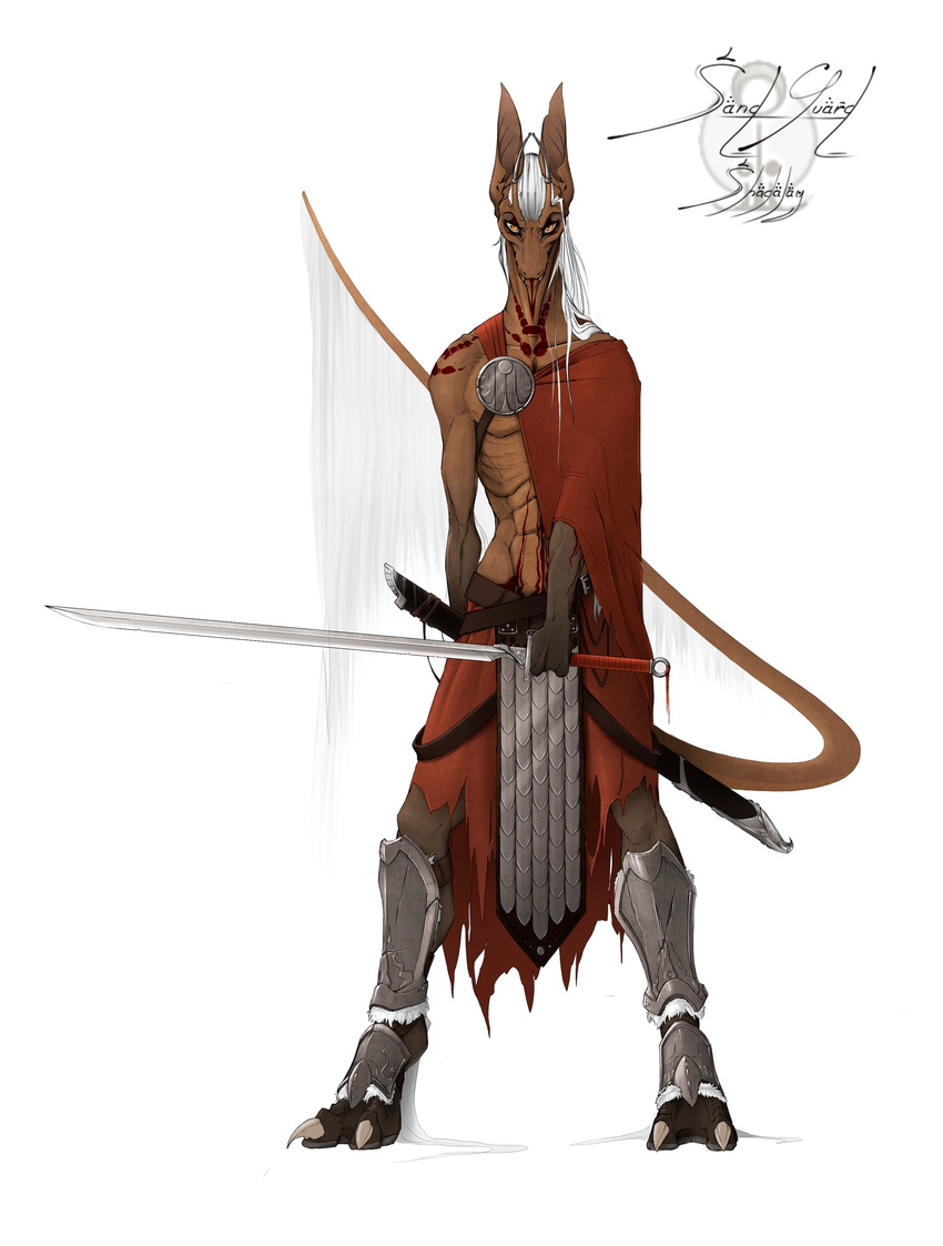 anthro canine clothed clothing hybrid jackal katana kredri loincloth looking_at_viewer male mammal melee_weapon smile solo standing sword weapon