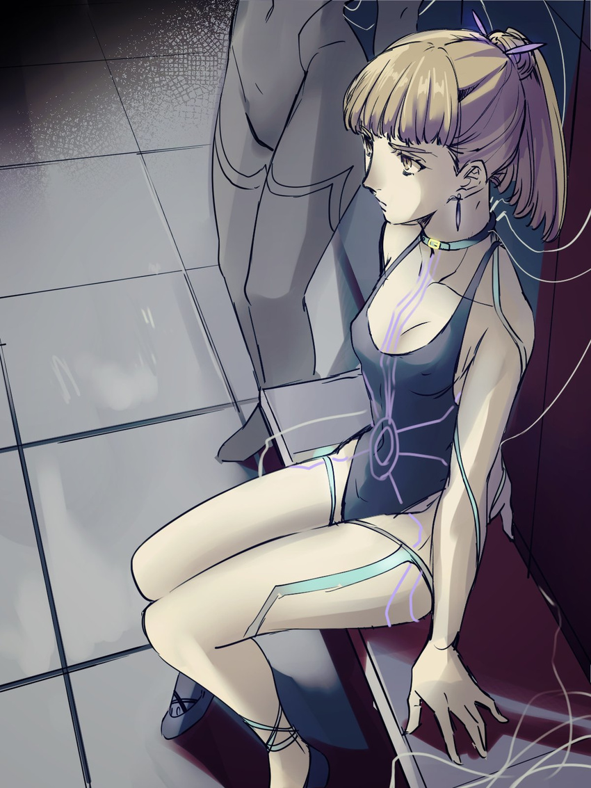 android ballet_slippers bangs blonde_hair blue_footwear blue_swimsuit blunt_bangs breasts cable choker covered_nipples earrings from_above full_body full_body_tattoo glowing_lines hair_ornament hair_stick highres jewelry knees_together_feet_apart multiple_girls one-piece_swimsuit original out_of_frame ponytail shimo_(s_kaminaka) shoes short_ponytail sitting small_breasts swimsuit tattoo tile_floor tiles yellow_eyes