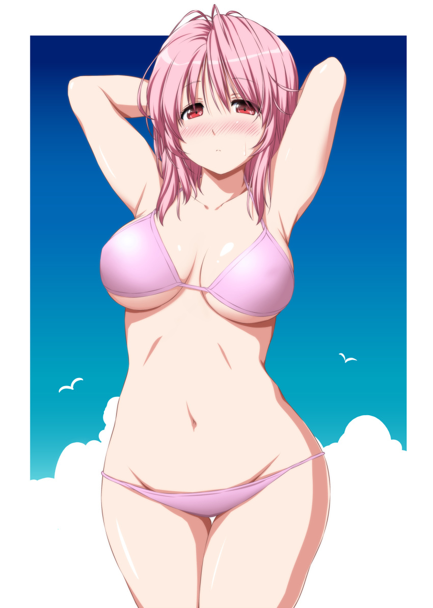 1girl armpits arms_behind_head arms_up bangs bare_arms bare_shoulders bikini bird blue_sky blush border breasts cloud collarbone commentary_request cowboy_shot day eyebrows_visible_through_hair groin hair_between_eyes highres large_breasts looking_at_viewer navel no_hat no_headwear nori_tamago nose_blush outdoors outside_border pink_bikini pink_hair red_eyes saigyouji_yuyuko short_hair sky solo standing stomach swimsuit thighs touhou white_border