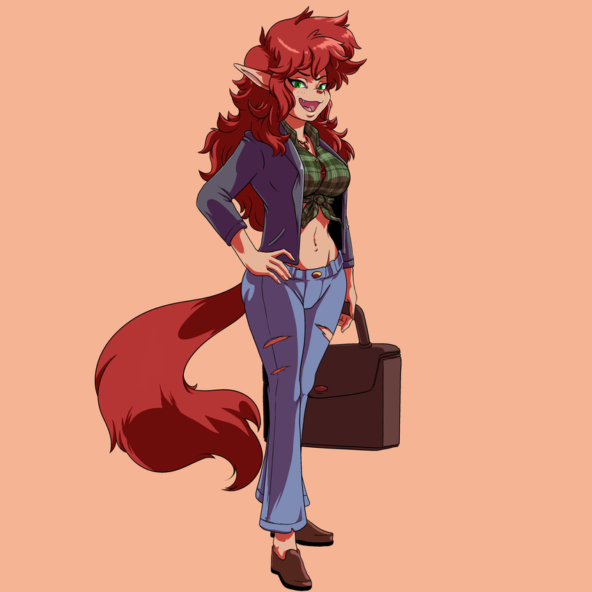 2016 anthro breasts callie_briggs cat clothed clothing digital_media_(artwork) feline female footwear green_eyes hair hand_on_hip hi_res jeans looking_at_viewer mammal midriff navel pants plagueofgripes red_hair shoes simple_background solo swat_kats tied_shirt torn_clothing torn_jeans torn_pants