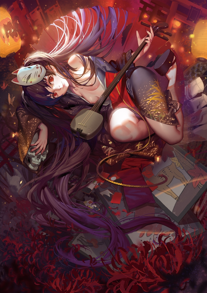 alphonse_(white_datura) bare_shoulders breasts bug butterfly cropped fox_mask highres insect instrument japanese_clothes kimono lantern long_hair looking_at_viewer mask nail_polish nipples open_clothes open_kimono oriental_umbrella original purple_hair red_eyes shamisen skull small_breasts smile solo umbrella very_long_hair