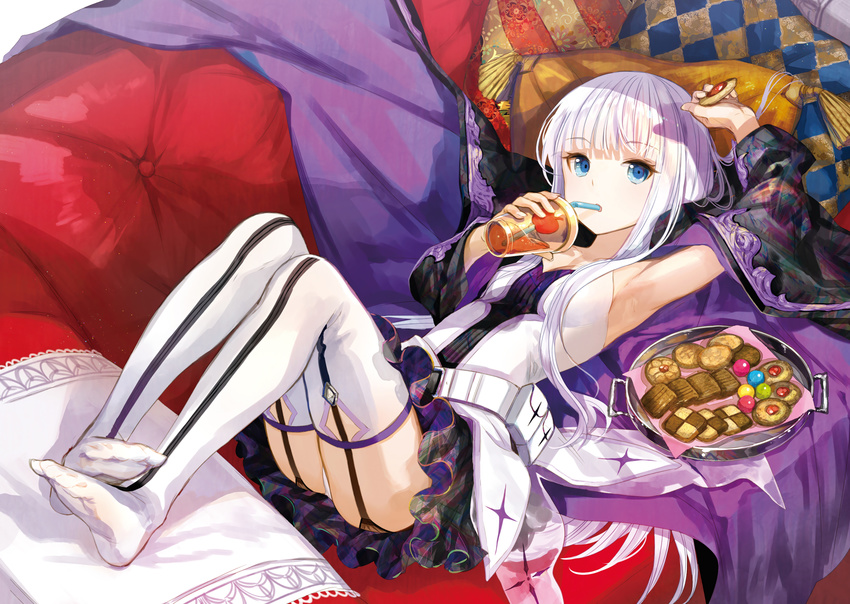 arm_up armpits bangs belt belt_pouch black_skirt blue_eyes blunt_bangs breasts candy checkerboard_cookie checkered collarbone cookie couch cup cushion disposable_cup drinking drinking_straw eyebrows eyebrows_visible_through_hair fabric feet food fuji_choko full_body garter_straps highres holding holding_cup kenja_no_deshi_wo_nanoru_kenja knees_up legs_together long_hair looking_at_viewer lying miniskirt mira_(kenja) no_shoes on_back on_couch panties pantyshot pantyshot_(lying) pouch see-through shirt silver_hair skirt sleeveless sleeveless_shirt small_breasts solo tassel thighhighs thumbprint_cookie tray underwear white_hair white_legwear white_panties white_shirt
