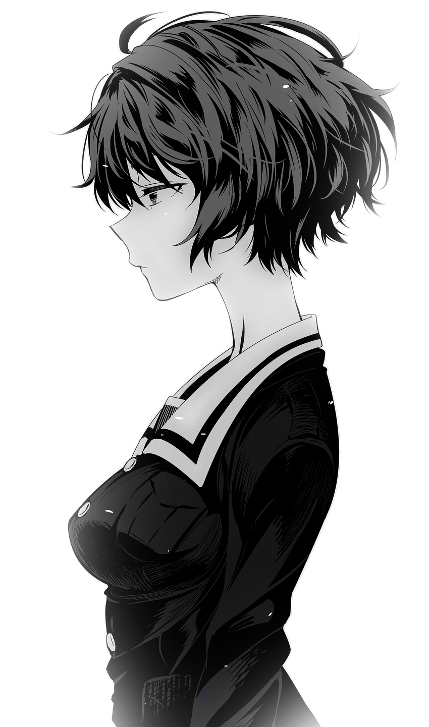 absurdres akiyama_yukari bangs breasts from_side girls_und_panzer greyscale highres jacket long_sleeves medium_breasts messy_hair military military_uniform monochrome ooarai_military_uniform puyo short_hair sketch solo uniform upper_body white_background