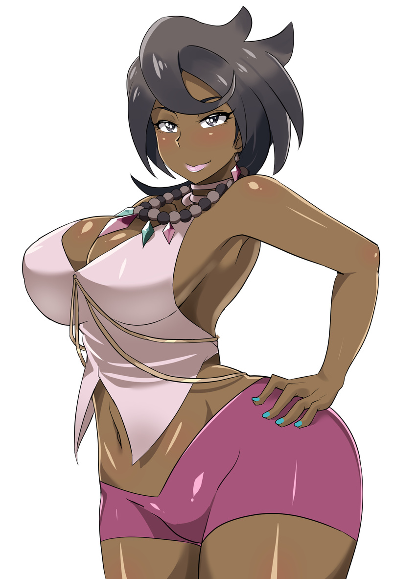 bangs bead_necklace beads black_hair blue_nails blush bracelet breasts cleavage contrapposto cowboy_shot crop_top curvy dark_skin earrings elite_four gem grey_eyes hand_on_hip highres hips island_kahuna jewelry large_breasts lipstick lychee_(pokemon) makeup midriff nail_polish navel neck_ring necklace nightmare-doom pokemon pokemon_(game) pokemon_sm purple_shorts shiny shiny_skin short_hair short_shorts shorts sleeveless smile solo standing swept_bangs trial_captain white_background wide_hips
