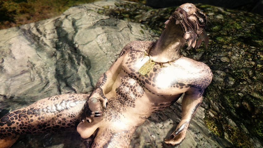 abs anthro argonian balls hair humanoid_penis jewelry leaning_backwards lizard masturbation mmoboys_(artist) muscular necklace orgasm_face outside penis reptile scales scalie skyrim solo the_elder_scrolls uncut video_games