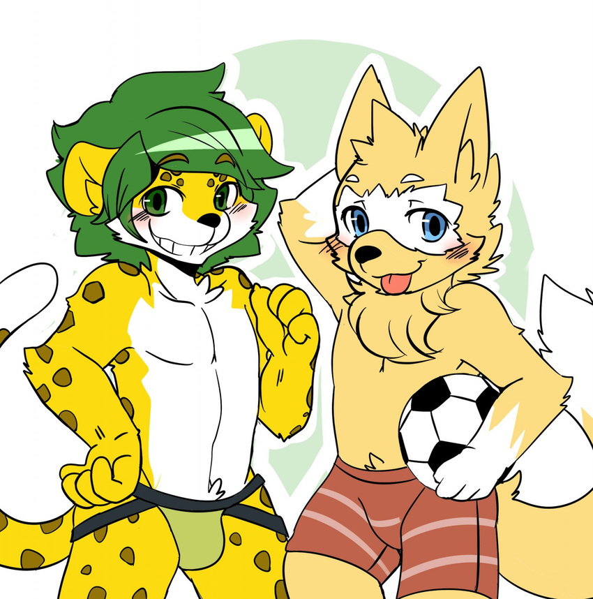 alternate_version_available ball blush boxer_briefs bulge canine cheetah clothed clothing duo feline flat_colors front_view grin jockstrap looking_at_viewer male mammal naughty_face pinup pointing pose rubbing_head saku1saya soccer_ball standing tongue tongue_out topless underwear wolf zabivaka zakumi