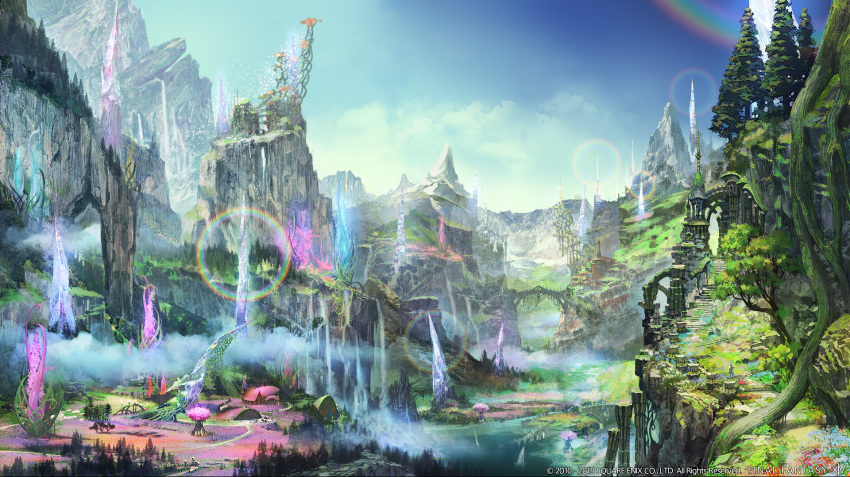 building final_fantasy final_fantasy_xiv landscape rainbow scenic sky square_enix tree water waterfall watermark