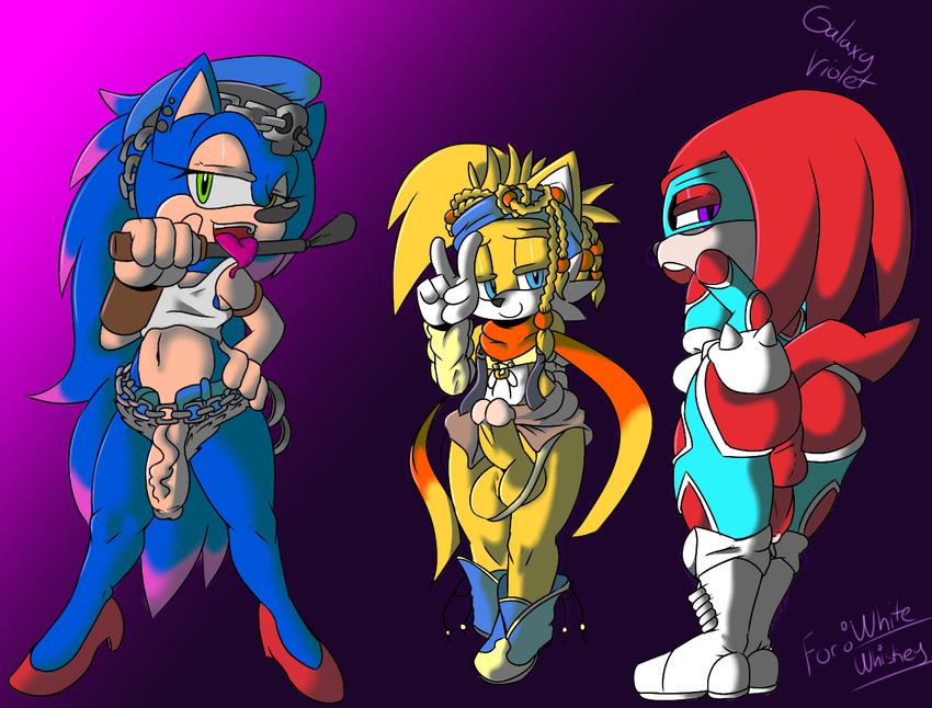 anthro balls blush butt canine capcom clothed clothing cosplay echidna final_fantasy final_fantasy_x final_fight fox fur galaxyviolet handcuffs hedgehog knuckles_the_echidna looking_at_viewer male mammal miles_prower monotreme penis poison_(final_fight) rainbow_mika rikku_(character) shackles sonic_(series) sonic_the_hedgehog square_enix street_fighter video_games