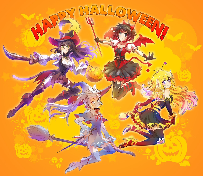 bee_costume blake_belladonna broom commentary demon_girl demon_tail demon_wings full_body halloween halloween_costume hat highres iesupa multiple_girls myrtenaster pirate_costume pirate_hat polearm puss_in_boots ruby_rose rwby sword tail trident weapon weiss_schnee wings witch witch_hat yang_xiao_long