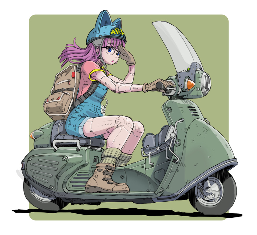 android animal_hat ankle_boots backpack bag blue_eyes boots dr._slump flat_color glasses gloves ground_vehicle hat helmet long_hair looking_at_viewer motor_vehicle norimaki_arale open_mouth overalls pink_hair riding robot_joints scooter solo sukabu wind