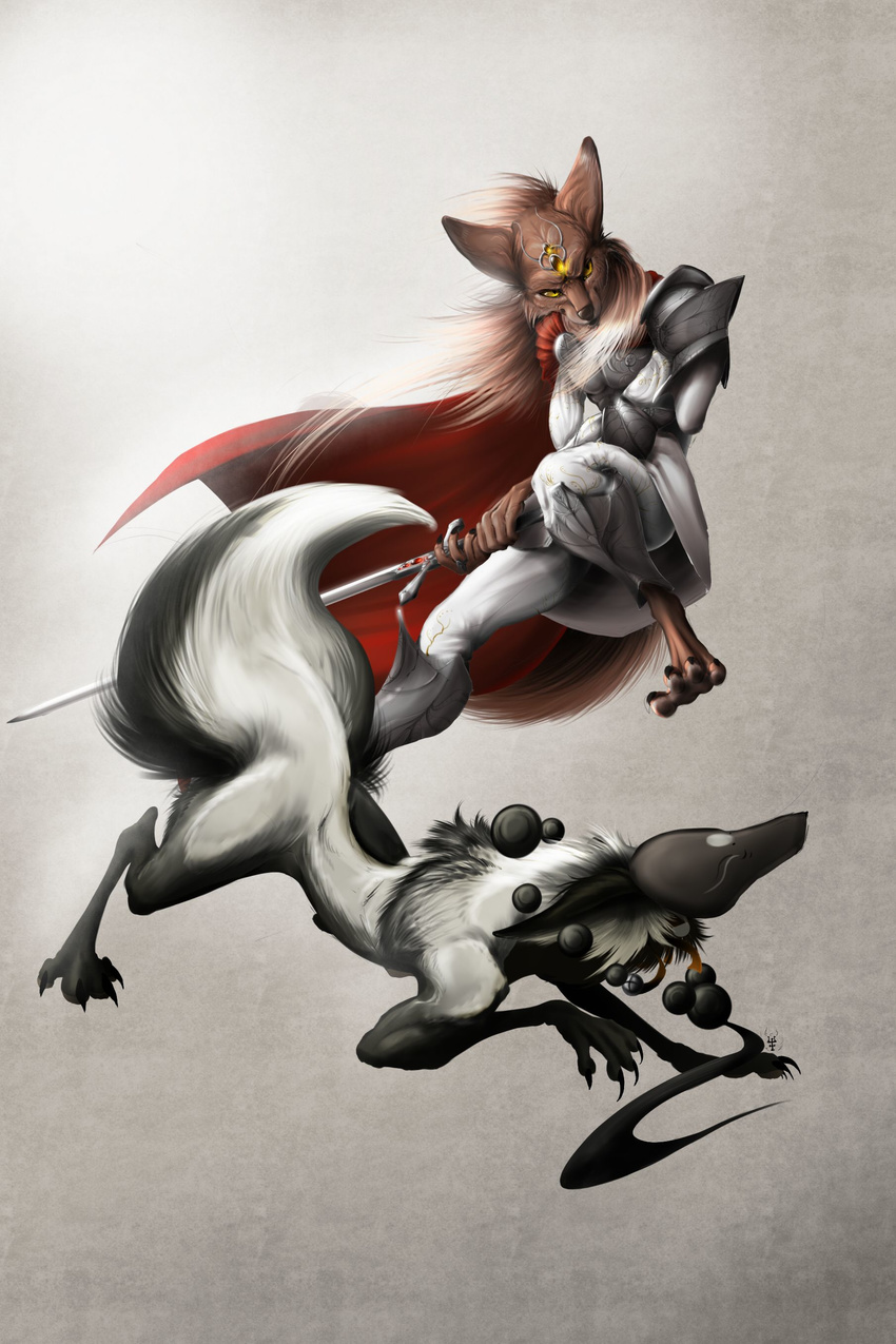 anthro armor canine clothed clothing duo feral fur hair hybrid kredri looking_at_viewer male mammal melee_weapon simple_background sword weapon