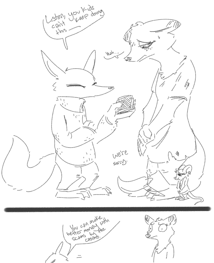 advice anthro barefoot black_and_white canine charlie_(weaver) clothing comic dialogue disney ear_piercing english_text eyes_closed fan_character female fox frown group humor mammal monochrome mouse nobody_(artist) pack_street piercing rodent size_difference sorry surprise text torn_clothing turtleneck wallet zootopia