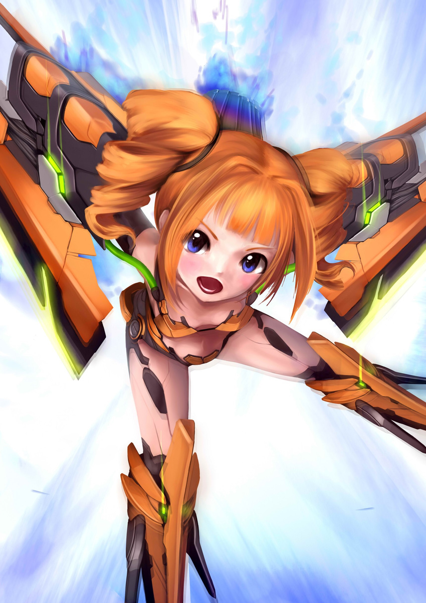 :d absurdres arm_guards armor armored_boots bad_id bad_pixiv_id bangs bent_over bikini_armor blue_eyes blunt_bangs blush boots breasts chris_ilst cleavage collarbone downblouse drill_hair exhaust flying glowing glowing_wings head_tilt highres idolmaster idolmaster_(classic) jetpack machinery mecha_musume open_mouth orange_hair outstretched_arms revealing_clothes small_breasts smile solo takatsuki_yayoi tareme thigh_boots thighhighs thighs twin_drills twintails v-shaped_eyebrows wings