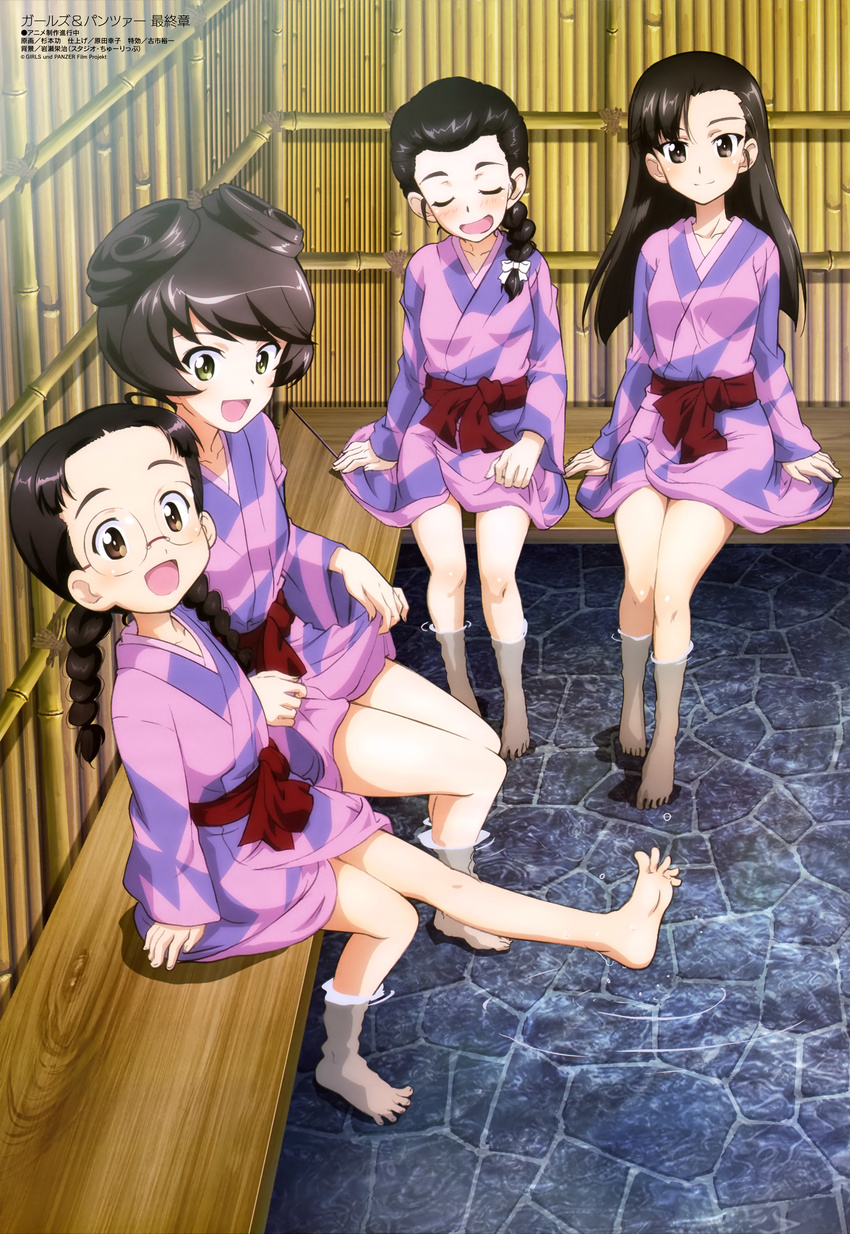 absurdres barefoot black_hair blush bow braid brown_eyes brown_hair closed_eyes feet fukuda_(girls_und_panzer) full_body girls_und_panzer glasses green_eyes highres hosomi_(girls_und_panzer) japanese_clothes kimono long_hair magazine_scan megami multiple_girls nishi_kinuyo official_art open_mouth scan sitting soaking_feet sugimoto_isao tamada_(girls_und_panzer) water yukata