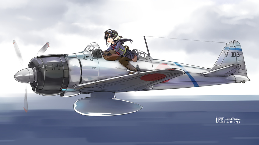 a6m_zero aircraft airplane artist_name aviator_girls belt black_hair cockpit dated flying goggles goggles_on_head goggles_on_headwear helmet highres original pantyhose parted_lips pilot pleated_skirt propeller red_eyes riding sailor skirt solo tokihama_jirou world_war_ii