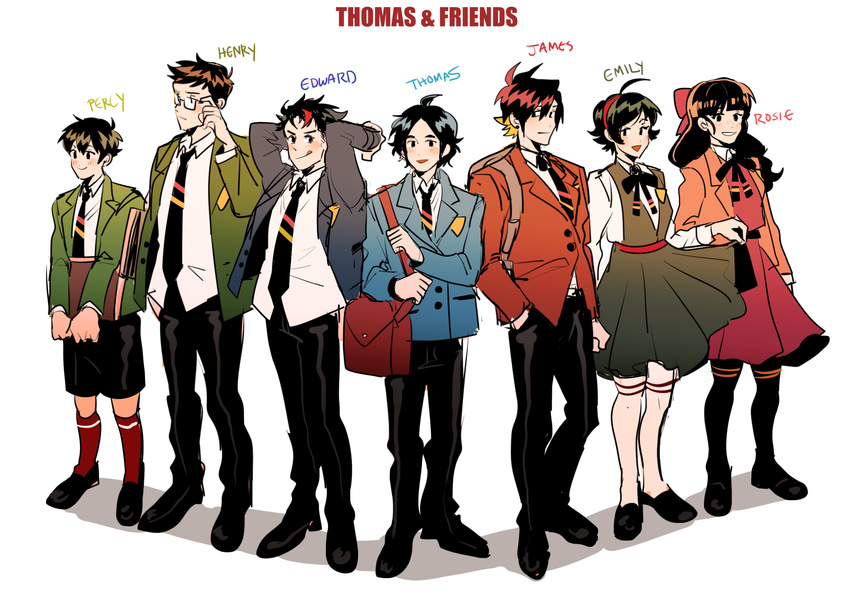 5boys :p ahoge arms_behind_head backpack bag black_hair blazer book bow character_name copyright_name dress edward_the_blue_engine emily_the_emerald_engine glasses hair_bow hairband henry_the_green_engine highres jacket james_the_red_engine kendy_(revolocities) kneehighs messenger_bag multicolored_hair multiple_boys multiple_girls pantyhose percy_the_small_engine personification pinafore_dress red_legwear rosie_the_tank_engine school_uniform short_hair shoulder_bag simple_background smile streaked_hair thomas_the_tank_engine thomas_the_tank_engine_(character) tongue tongue_out two-tone_hair white_background
