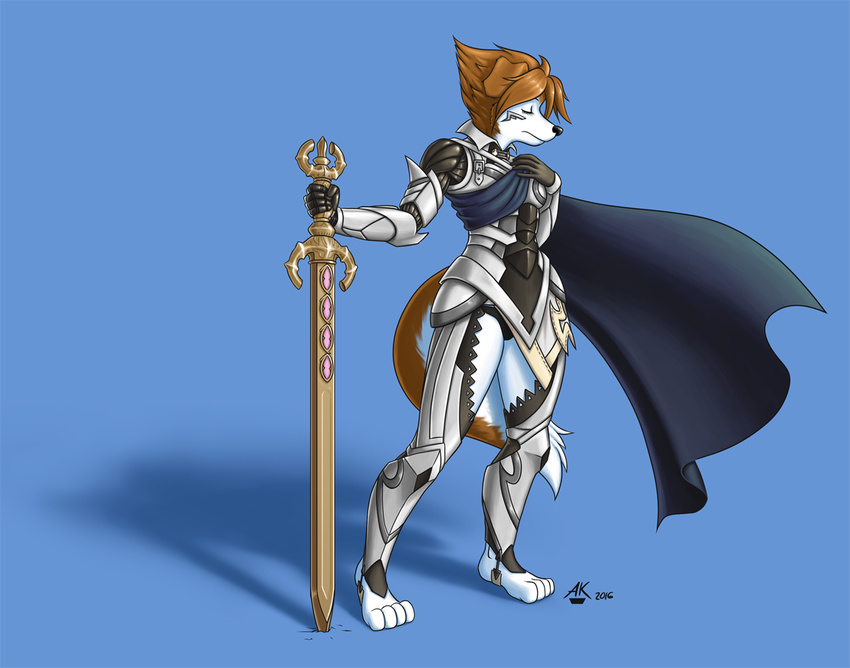 2016 amber_(atticuskotch) anthro armor atticuskotch barefoot blue_background brown_fur brown_hair came canine clothed clothing dog english_text eyes_closed female fire_emblem fur hair mammal melee_weapon nintendo shadow signature simple_background solo sword text video_games weapon white_fur